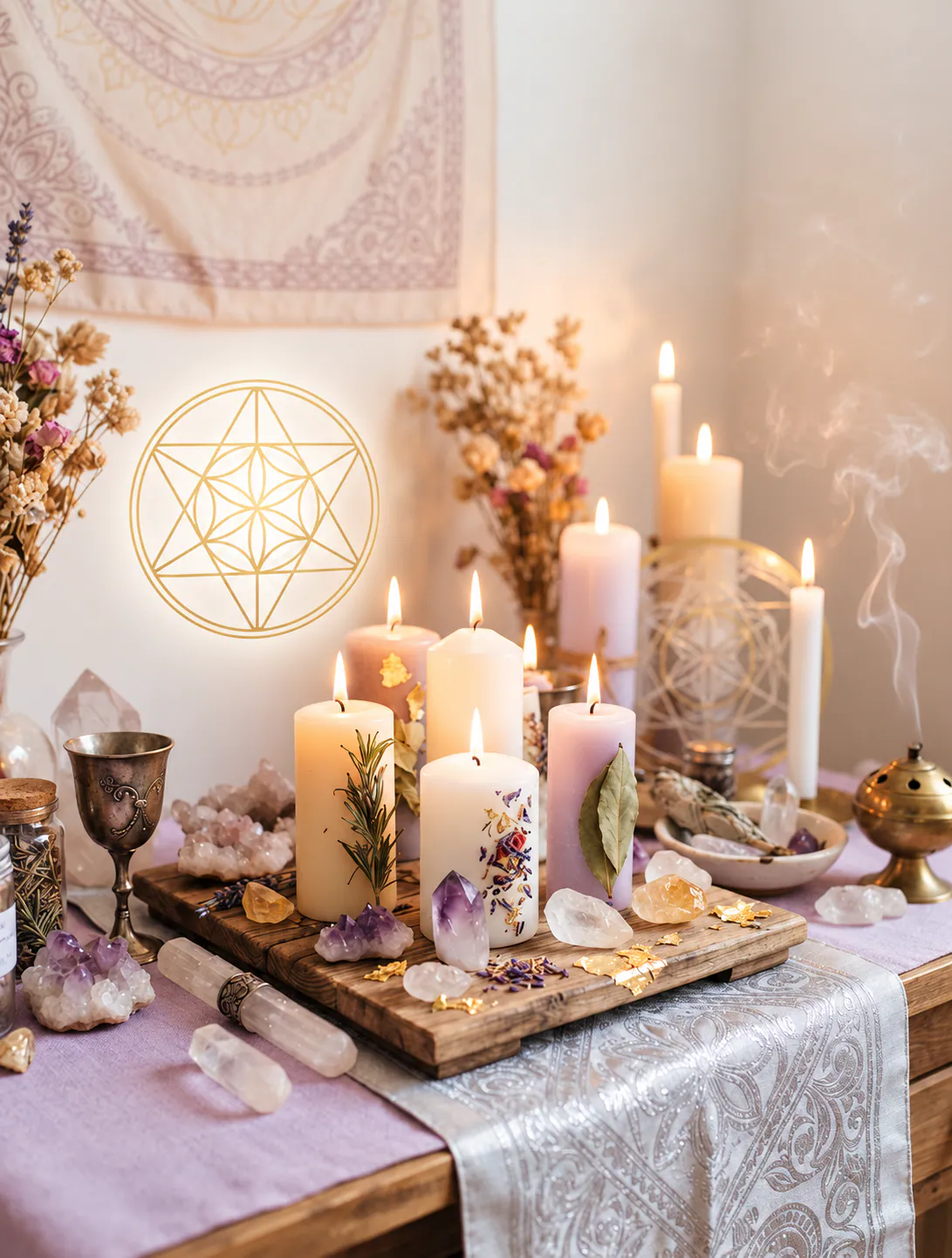 Altar ritual con velas, cristales, flores y geometría sagrada