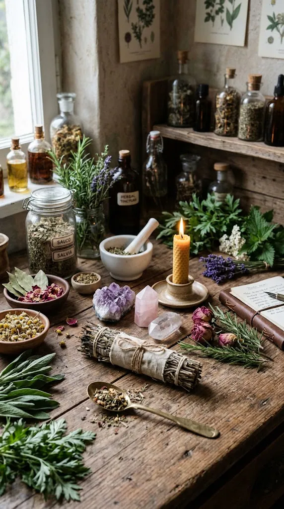 Plantas, hierbas, aceites y elementos para preparaciones mágicas