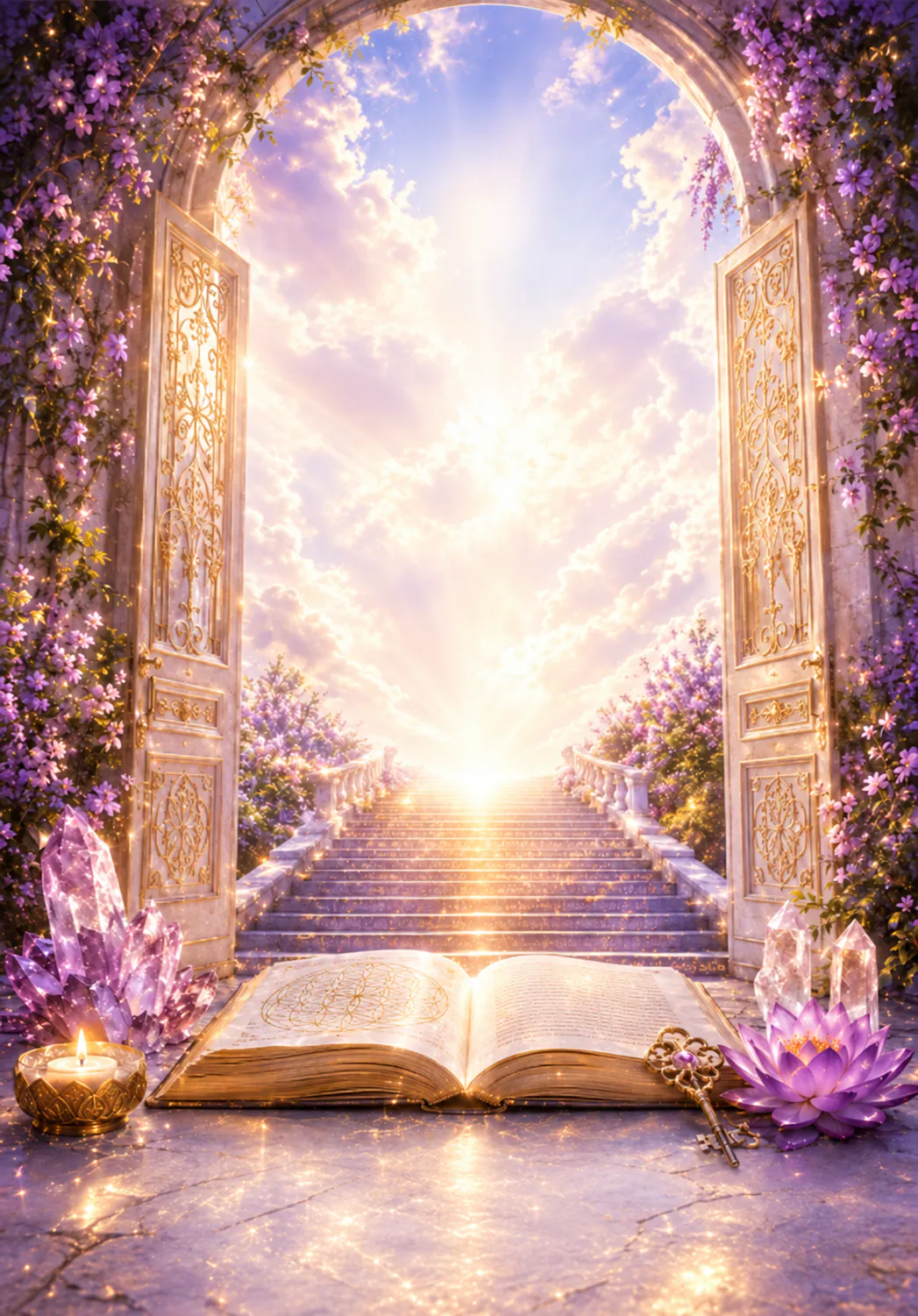 Portal luminoso entre flores violetas, cuarzos y un libro abierto