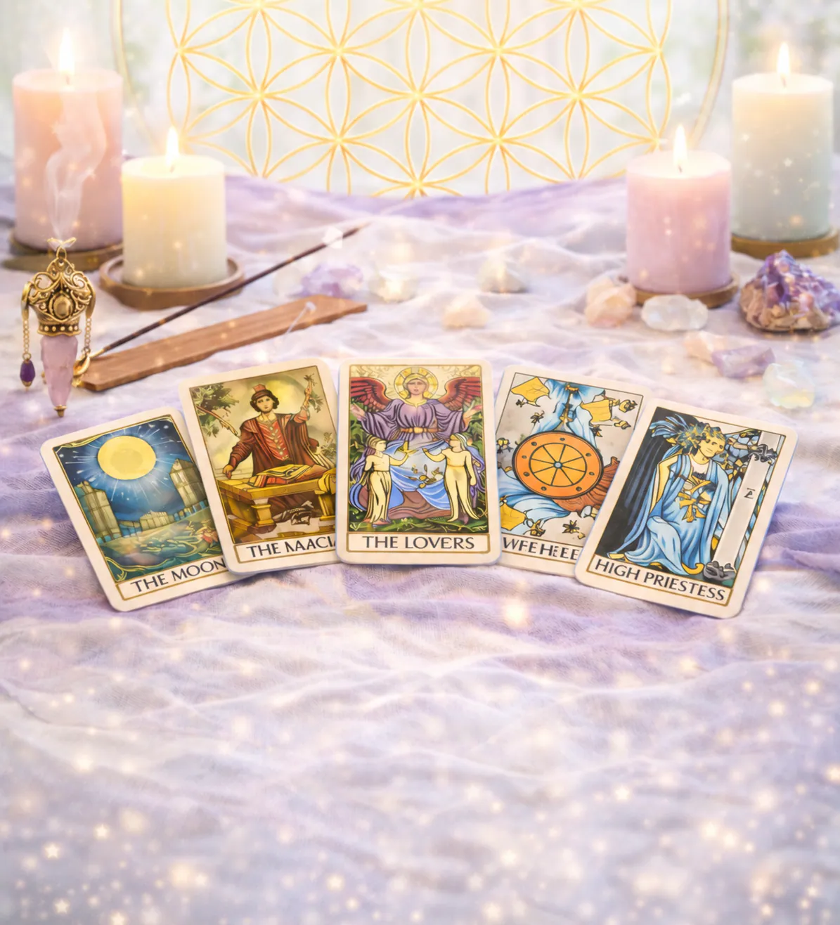 Cartas de tarot, velas, incienso y cuarzos