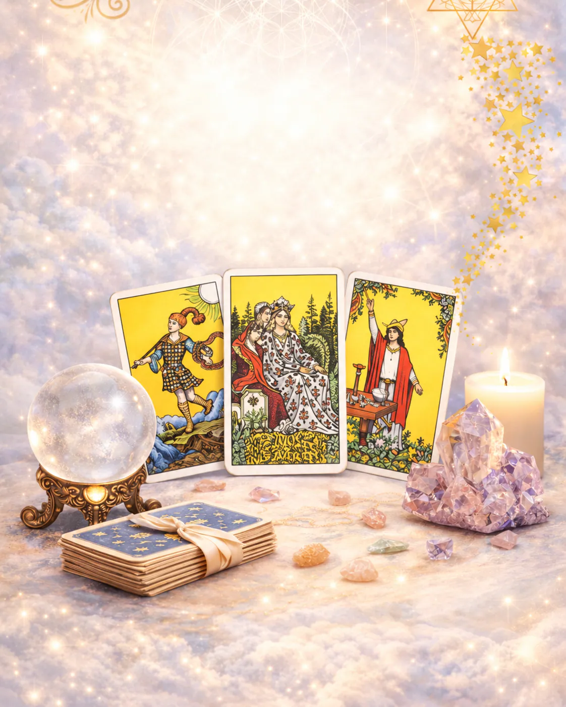 Cartas de Tarot y elementos simbólicos para el curso de Arcanos Menores