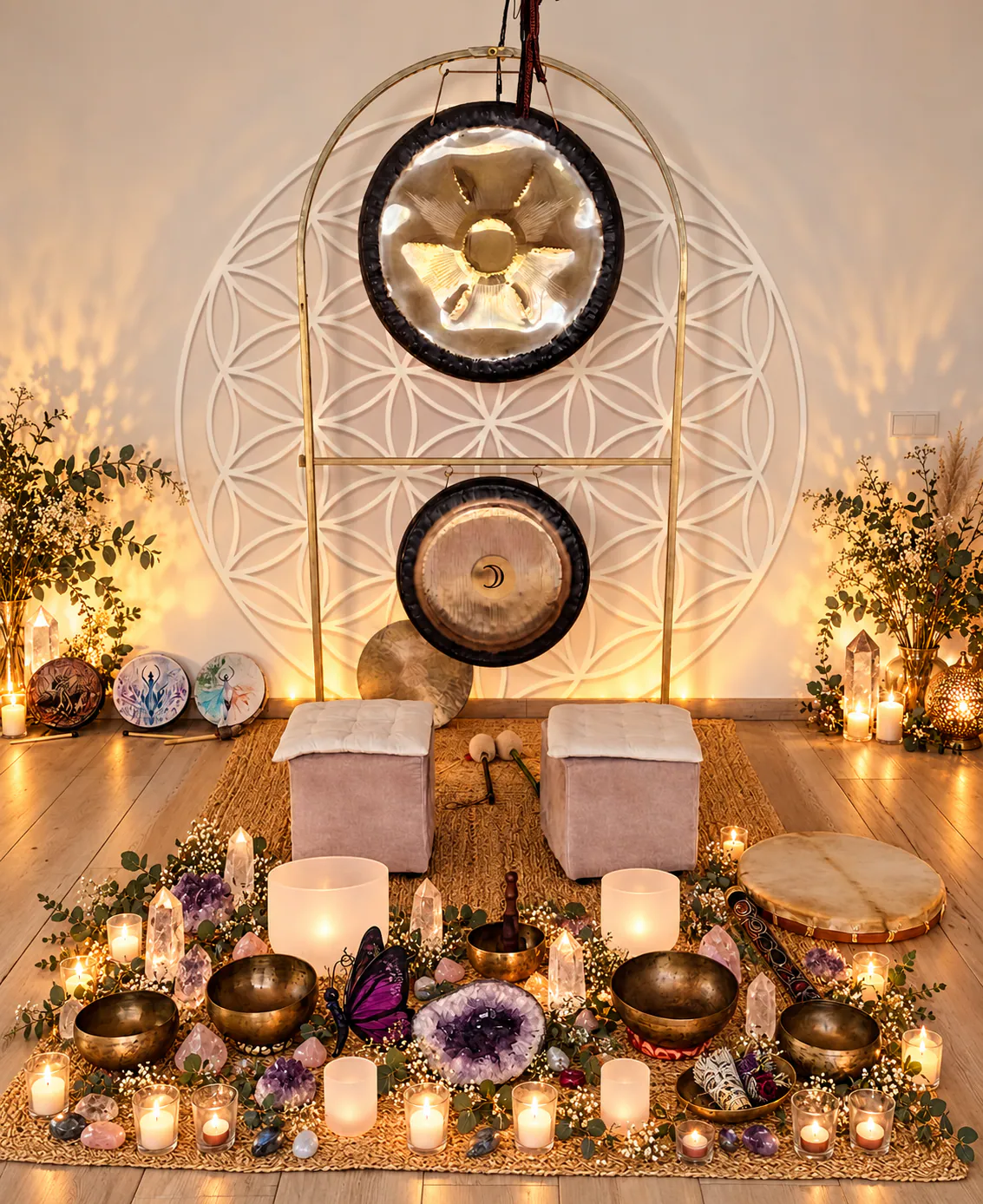 Gongs, cuencos de cuarzo, cristales y velas en un espacio de meditación
