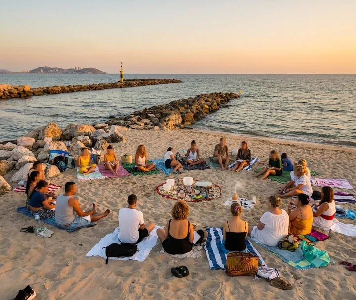 Encuentro de meditación en la playa al atardecer