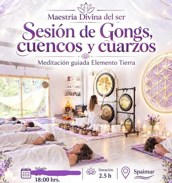 Cartel de una sesión de gongs, cuencos y cuarzos