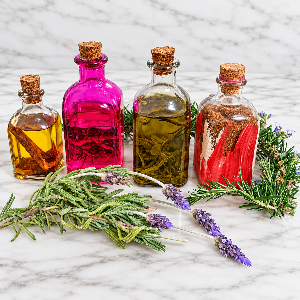 Frascos de aceites con romero, lavanda y plantas aromáticas