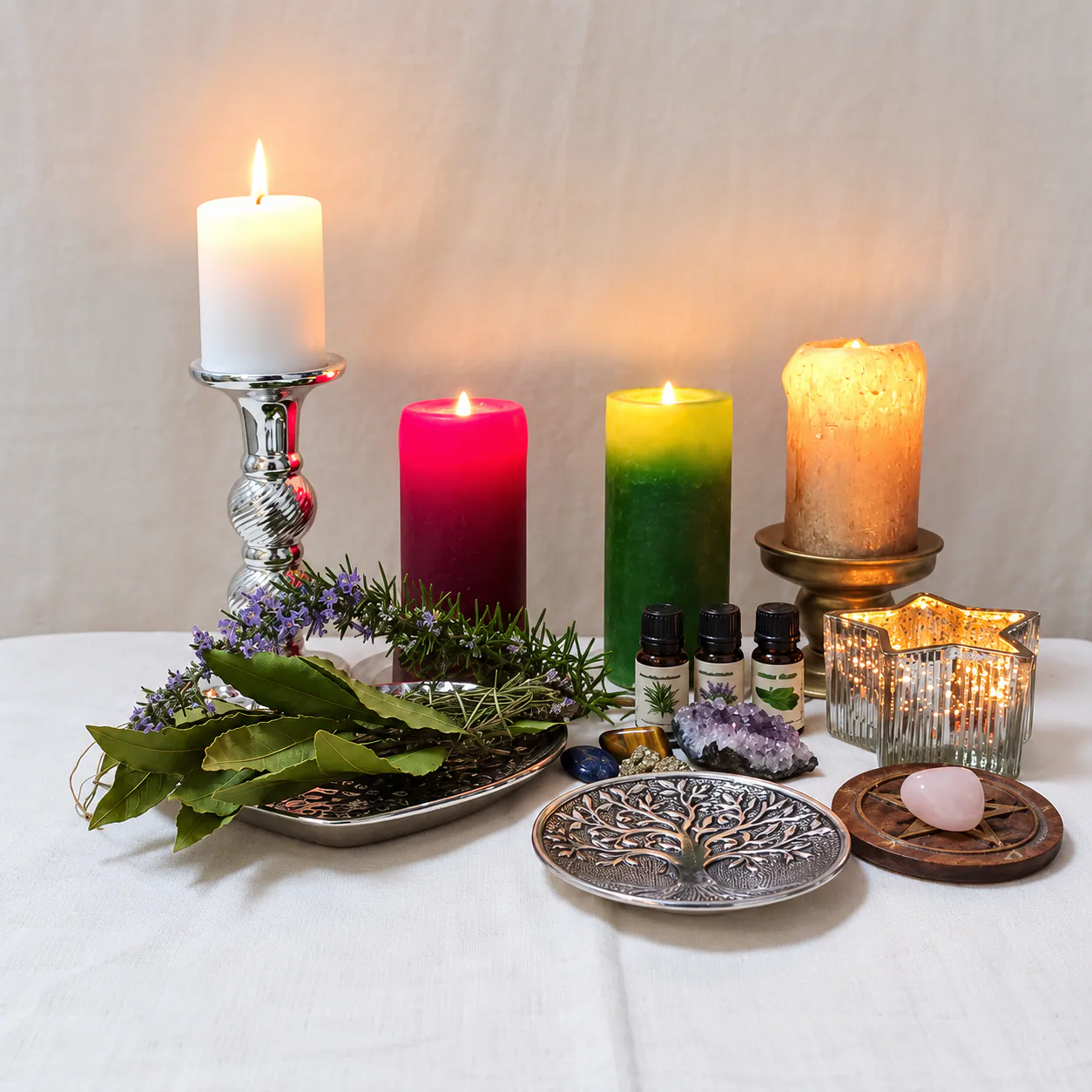 Velas de distintos colores junto a elementos naturales y minerales