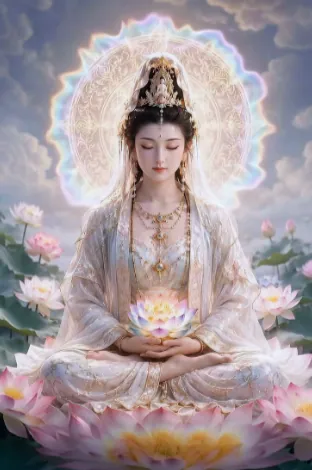 Figura espiritual meditando sobre una flor de loto, rodeada de luz