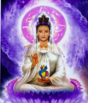 Figura espiritual sentada en una flor de loto, con un halo violeta