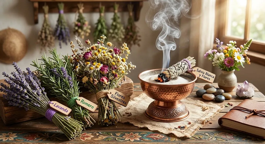 Atados de salvia, romero, lavanda y flores aromáticas junto a un sahumerio encendido