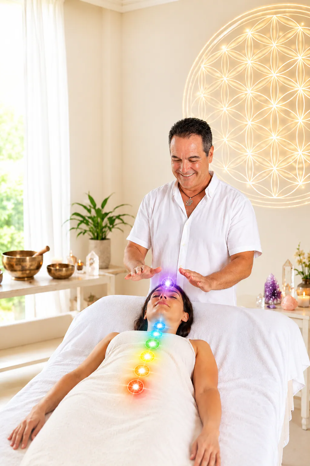 Sesión de equilibrio energético con Xisco y una persona en una camilla, con los chakras representados con luz