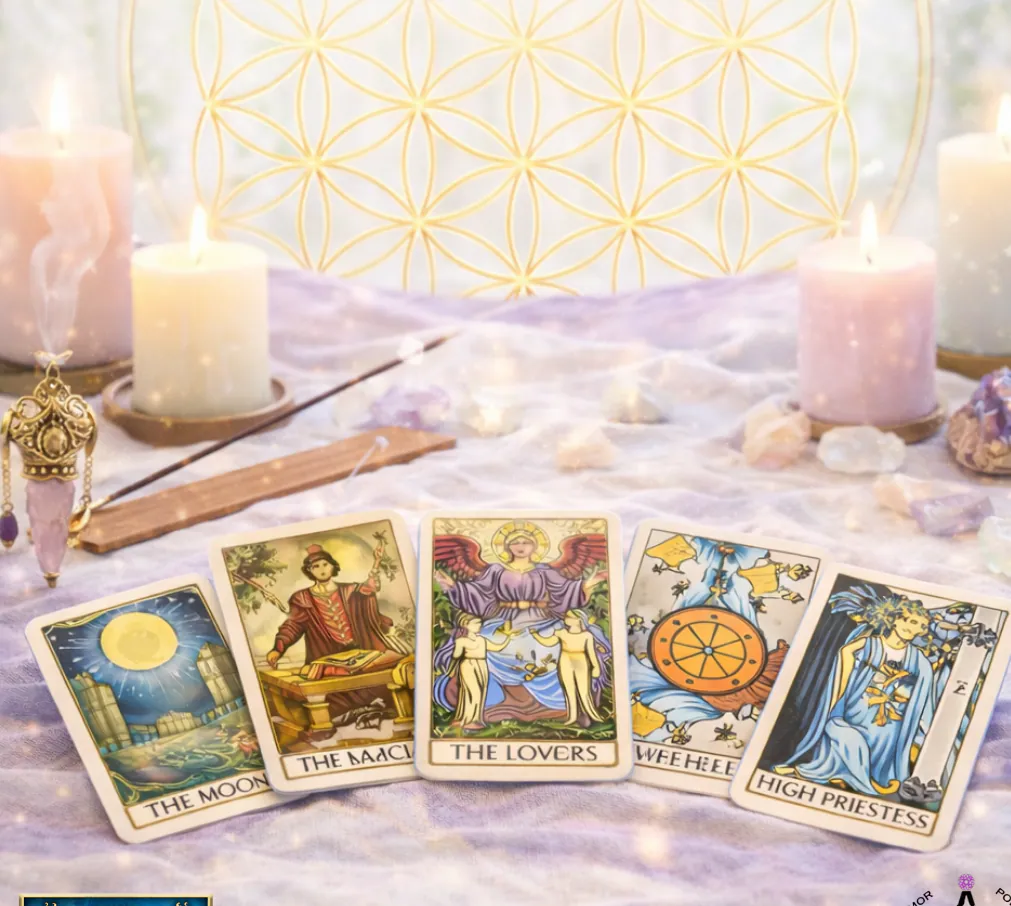 Cartas del tarot dispuestas sobre un paño claro, con velas y símbolos dorados