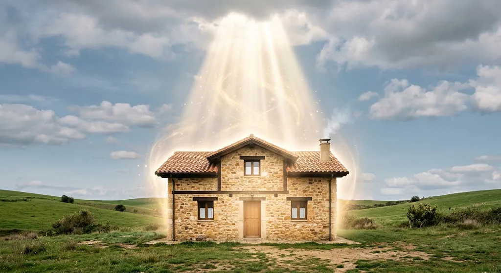 Casa de piedra en el campo bajo una luz cálida