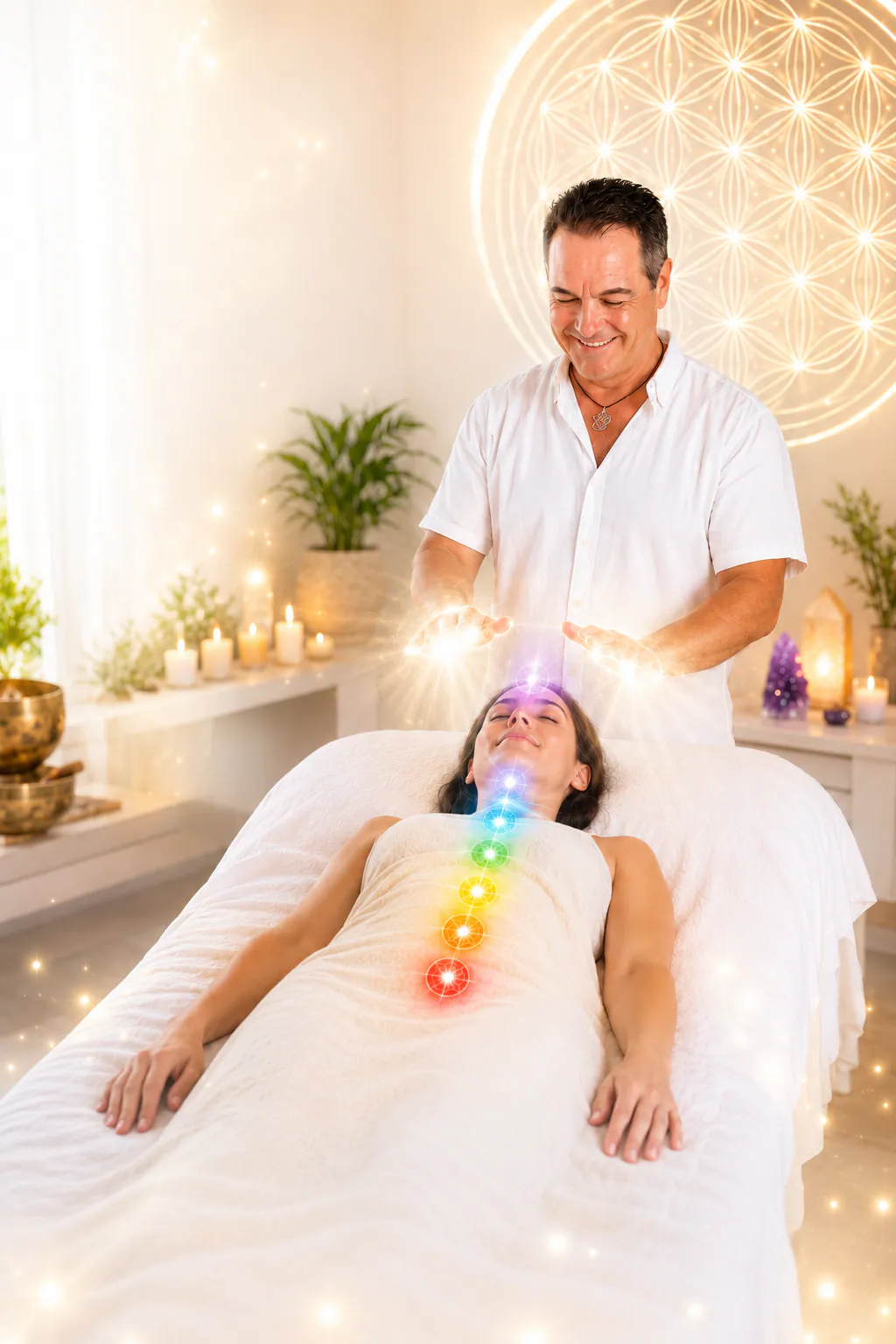 Sesión espiritual con péndulo, armonización de chakras y luz cálida