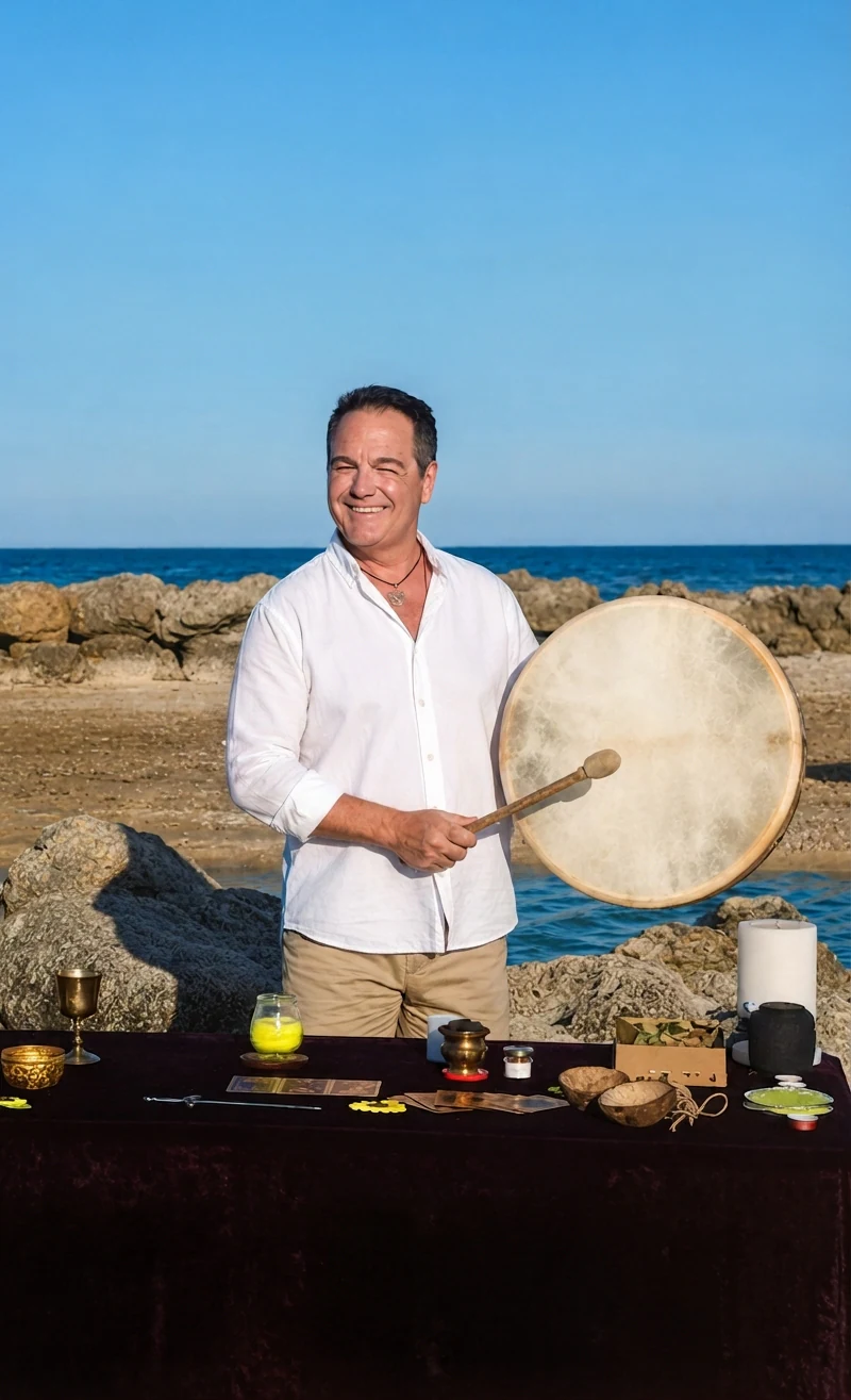 Xisco junto al mar, con su tambor chamánico